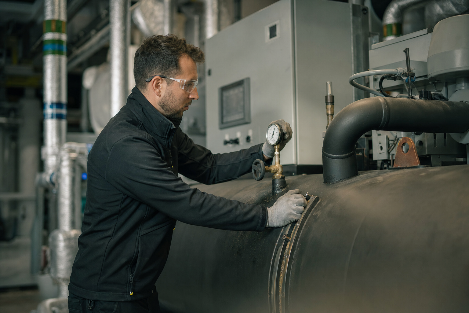 A technician in safety glasses reading a pressure gauge on a chiller in a plant room, control panel behind