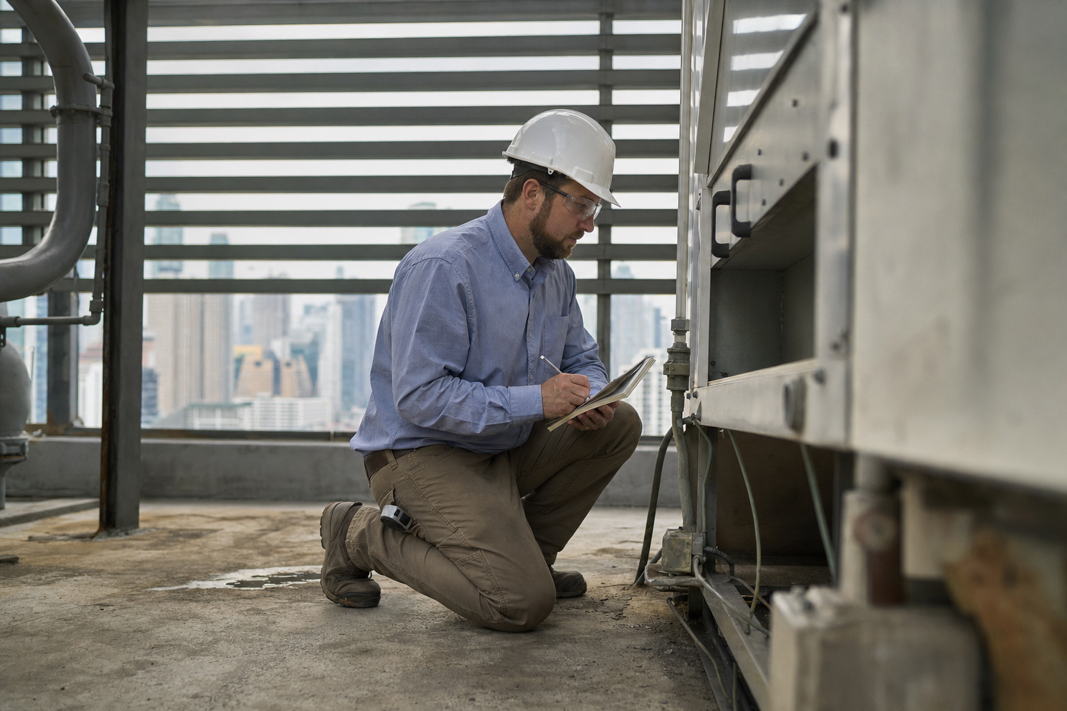 A building engineer kneeling beside a large air handling unit in a rooftop plant room with a city skyline behind