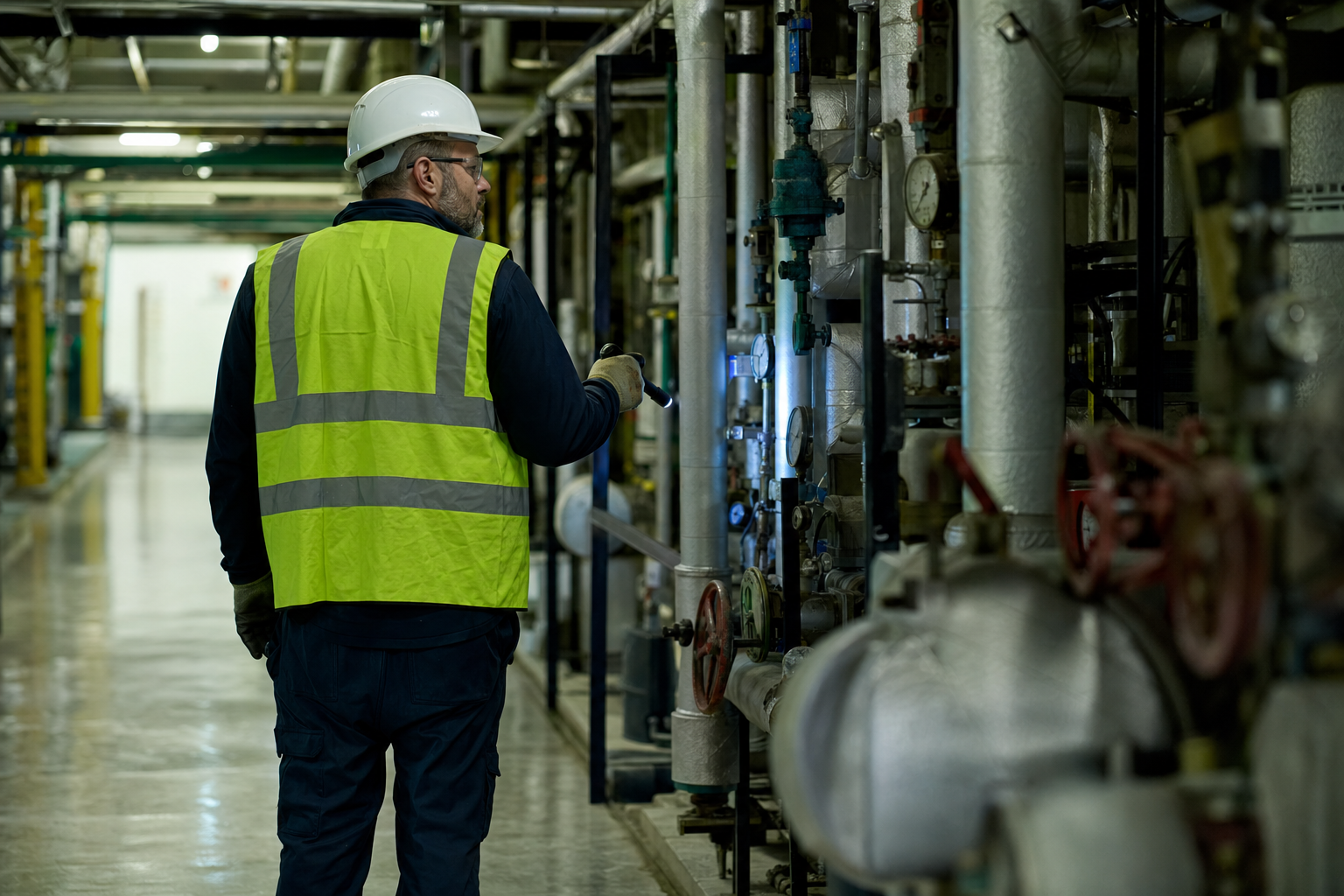 A facilities inspector in a high visibility vest checking valves and gauges along a run of insulated pipework