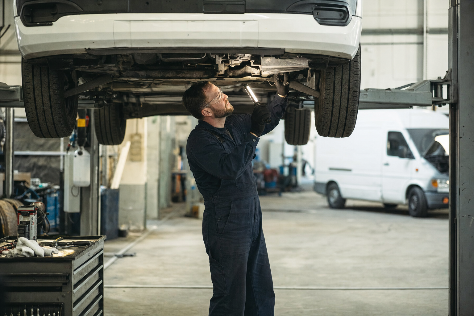 A fleet technician in overalls inspecting the underside of a service van on a lift in a workshop
