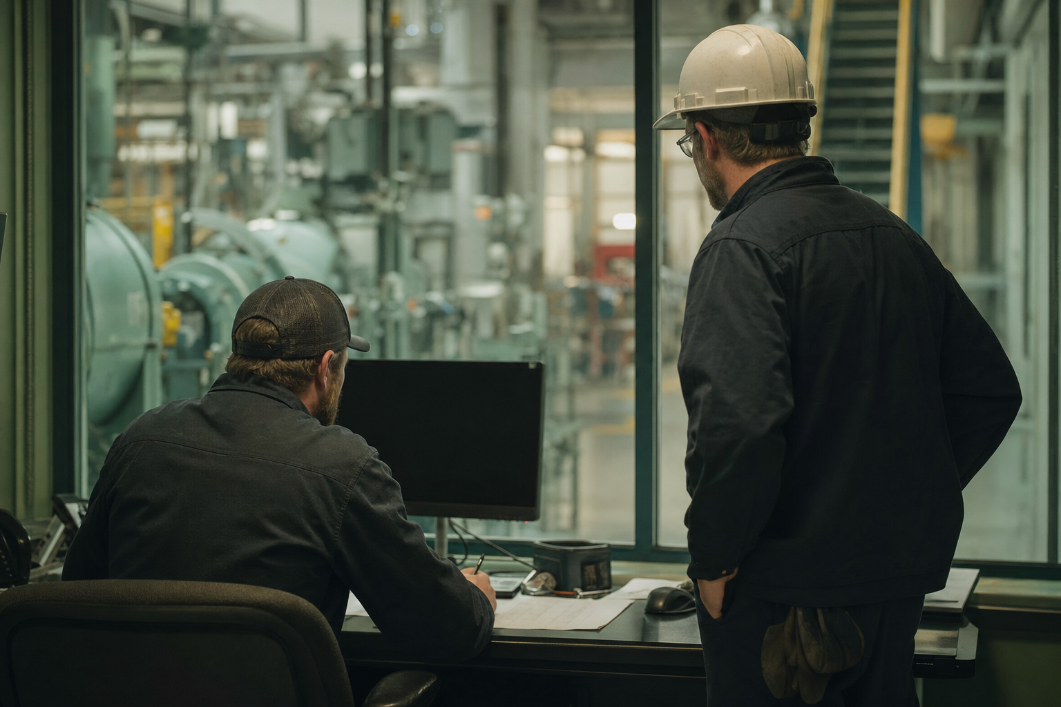 A maintenance planner at a screen in a plant office reviewing the week with a technician standing beside them