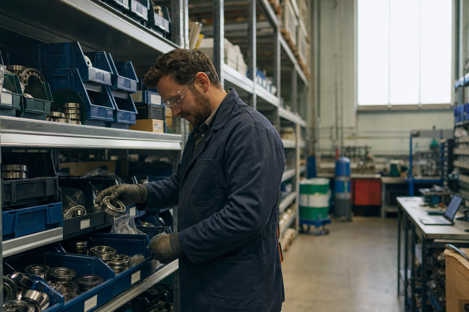 A storeroom attendant checking bins of mechanical spares on shelving in a maintenance storeroom