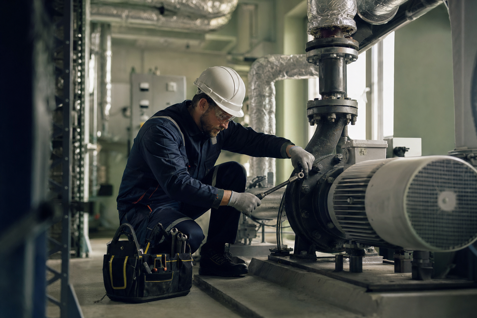 A technician greasing a bearing on a large rooftop fan with pipework and ducting behind