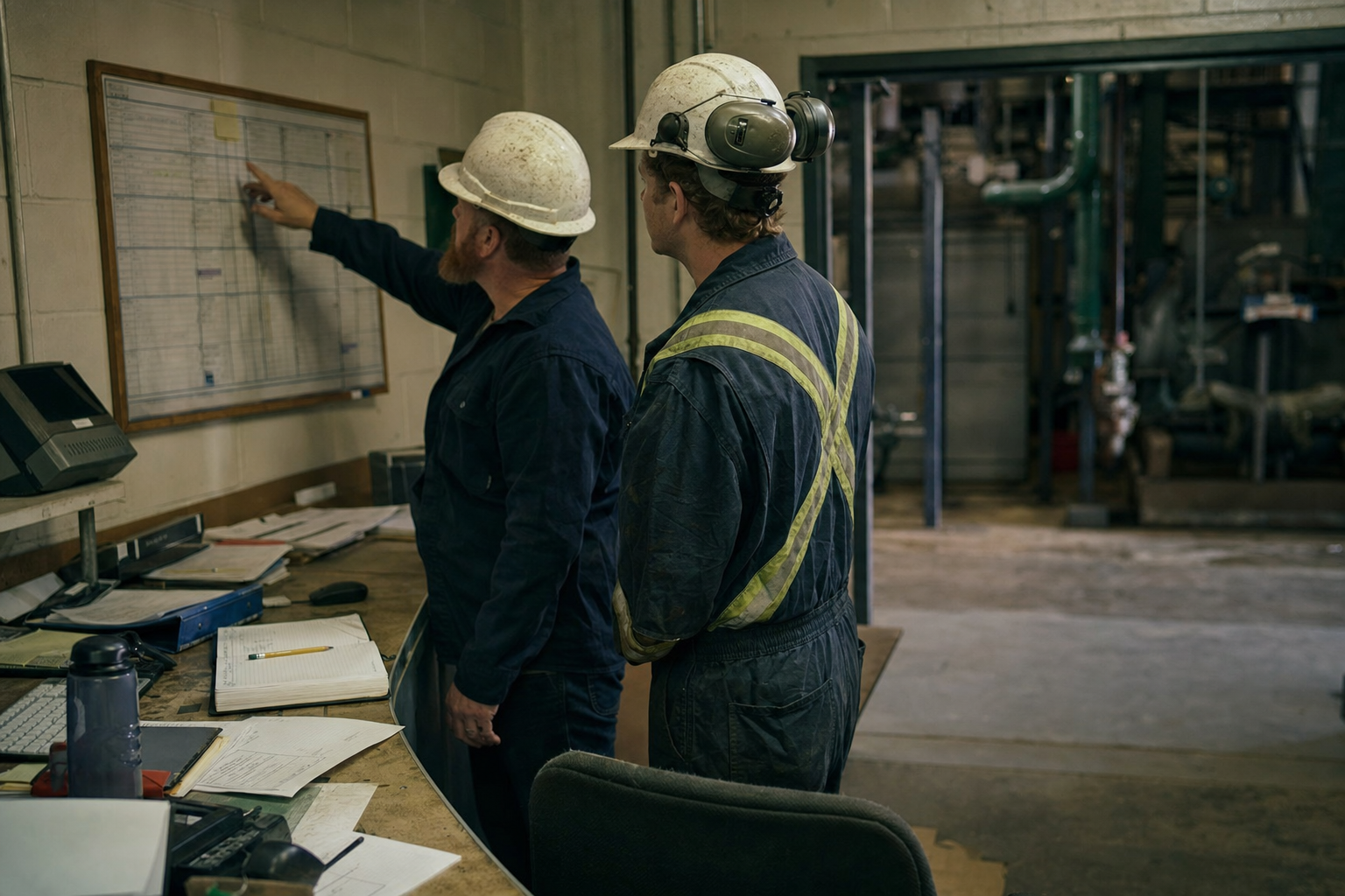 A maintenance supervisor at a desk in a plant room office reviewing the week with a technician