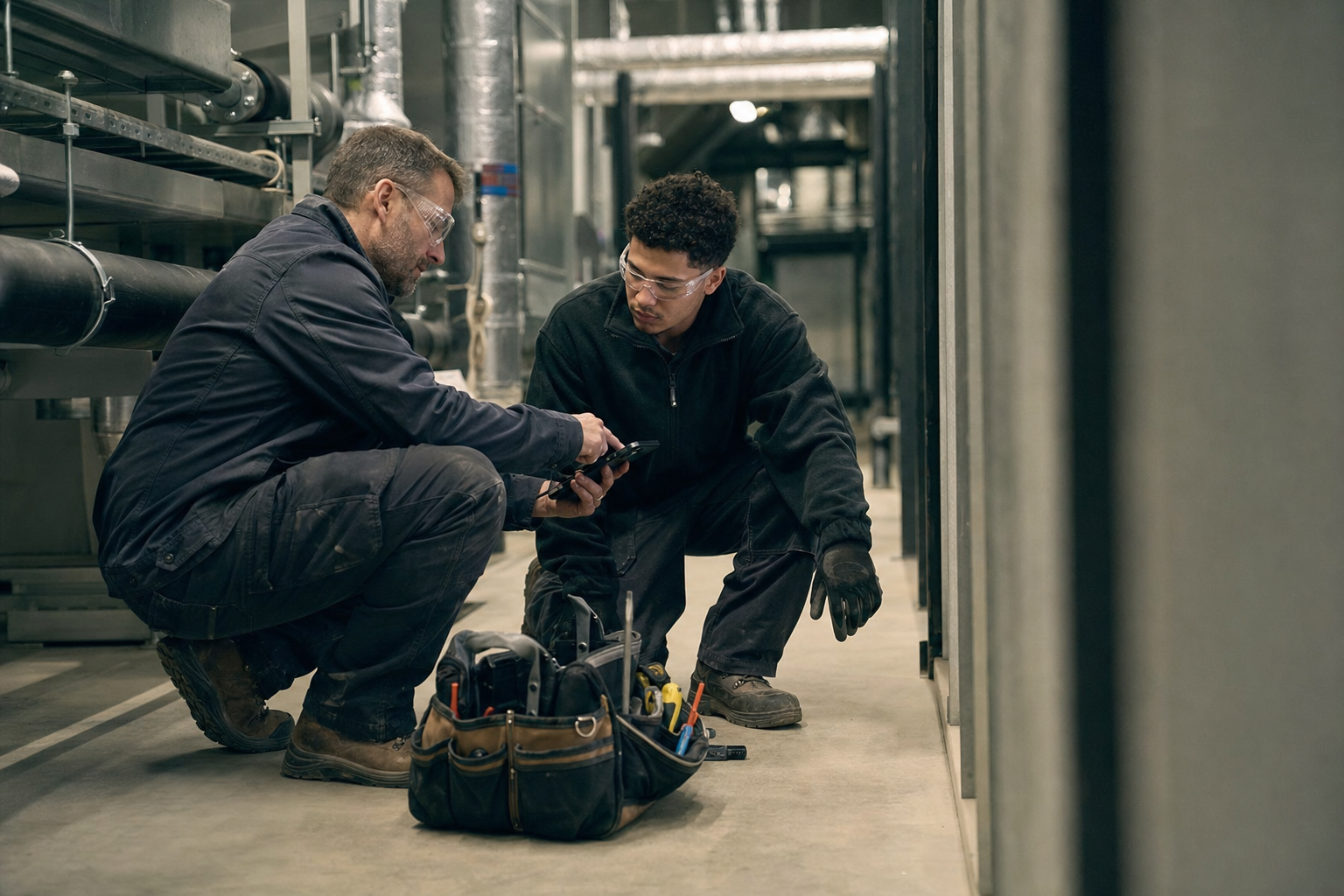 Two maintenance workers in a building service corridor handing over a job beside a run of pipework
