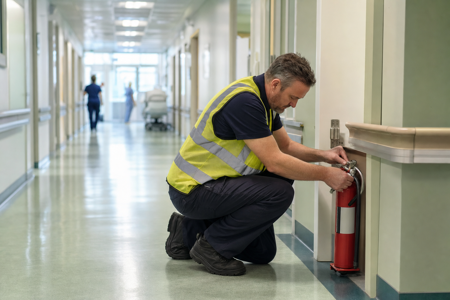 A hospital safety officer checking a fire extinguisher and exit route in a corridor