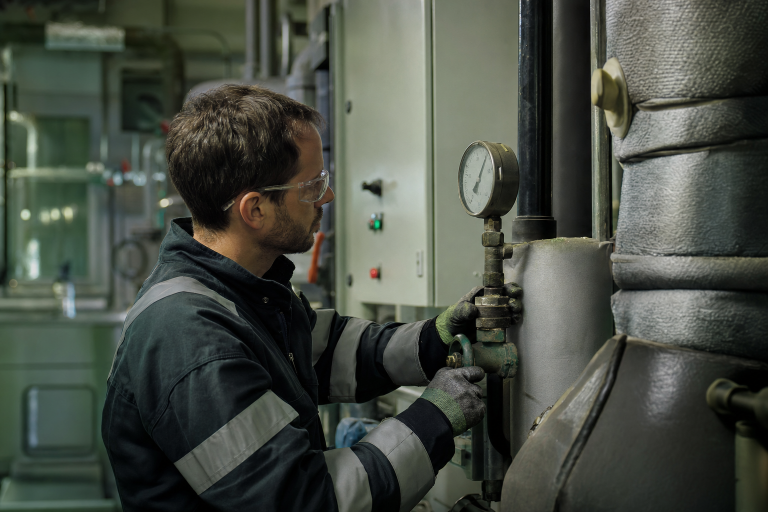 A technician reading a pressure gauge on a chiller in a plant room