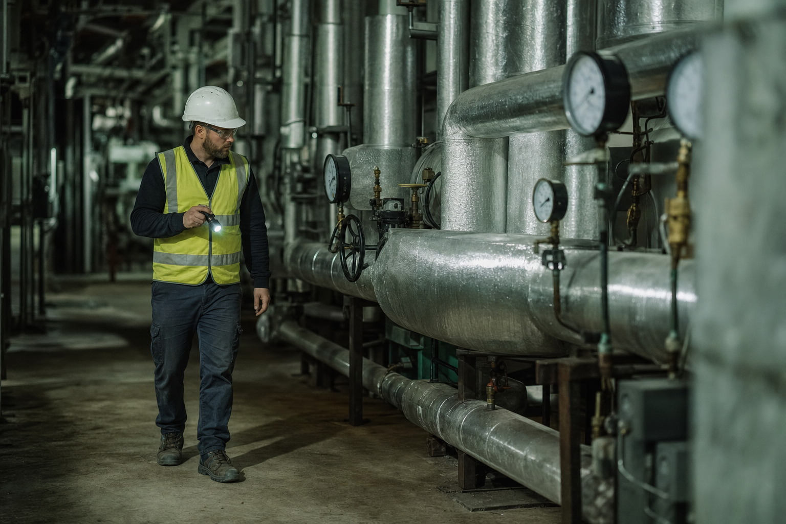 A facilities inspector checking valves along a run of pipework