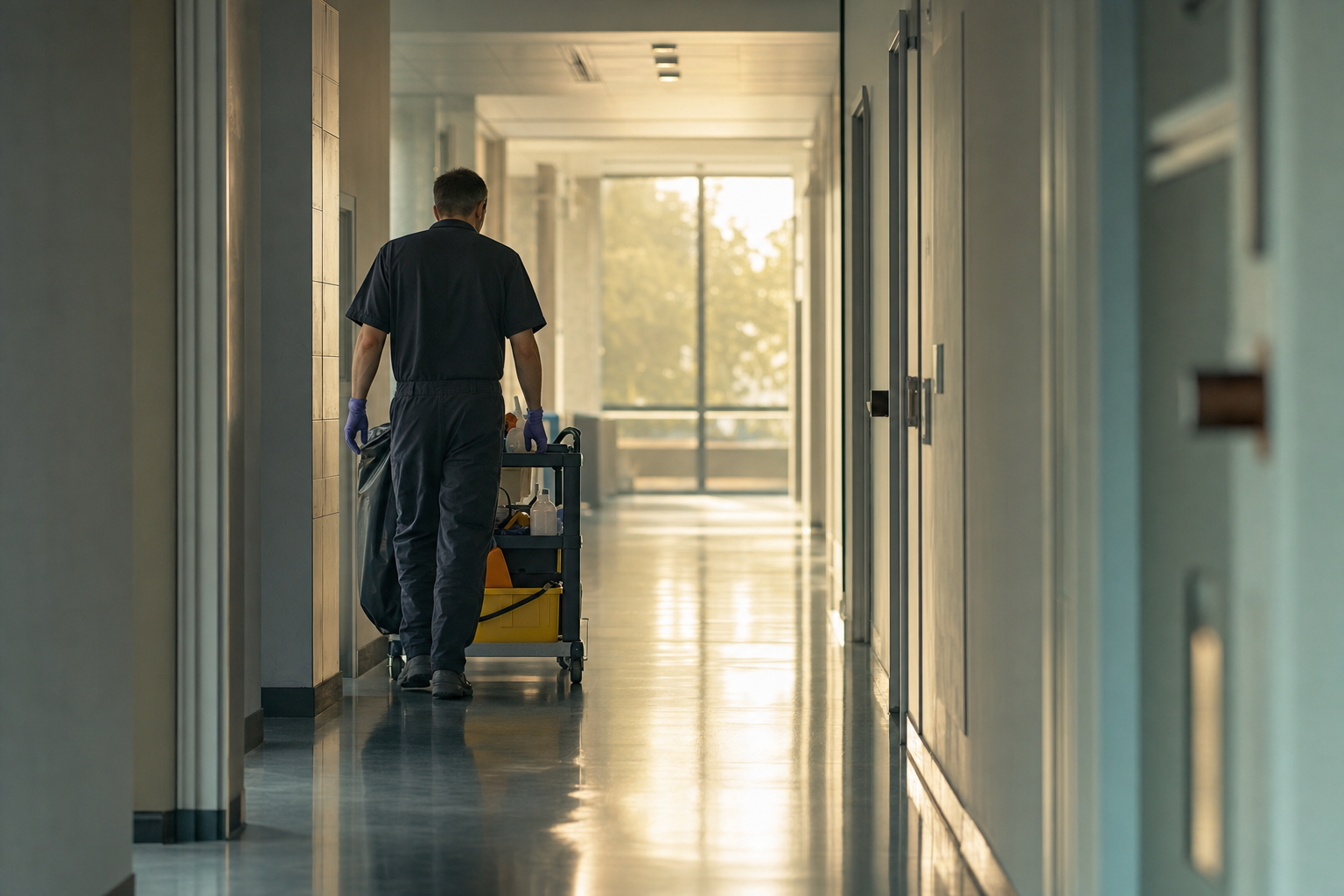 A janitor walking a long polished corridor early in the morning with a cleaning trolley
