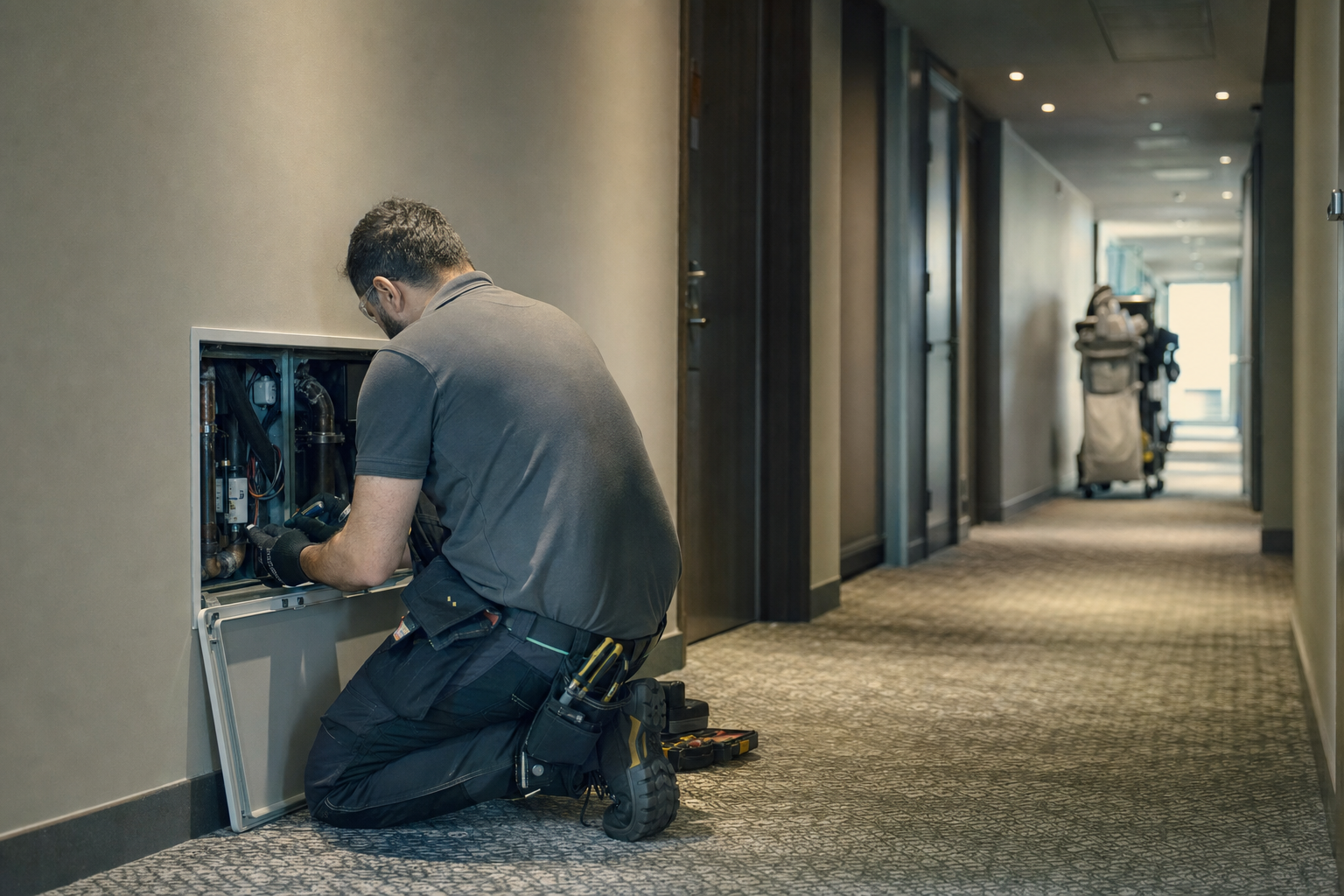 A hotel engineer checking a fan coil unit behind a service panel in a guest corridor