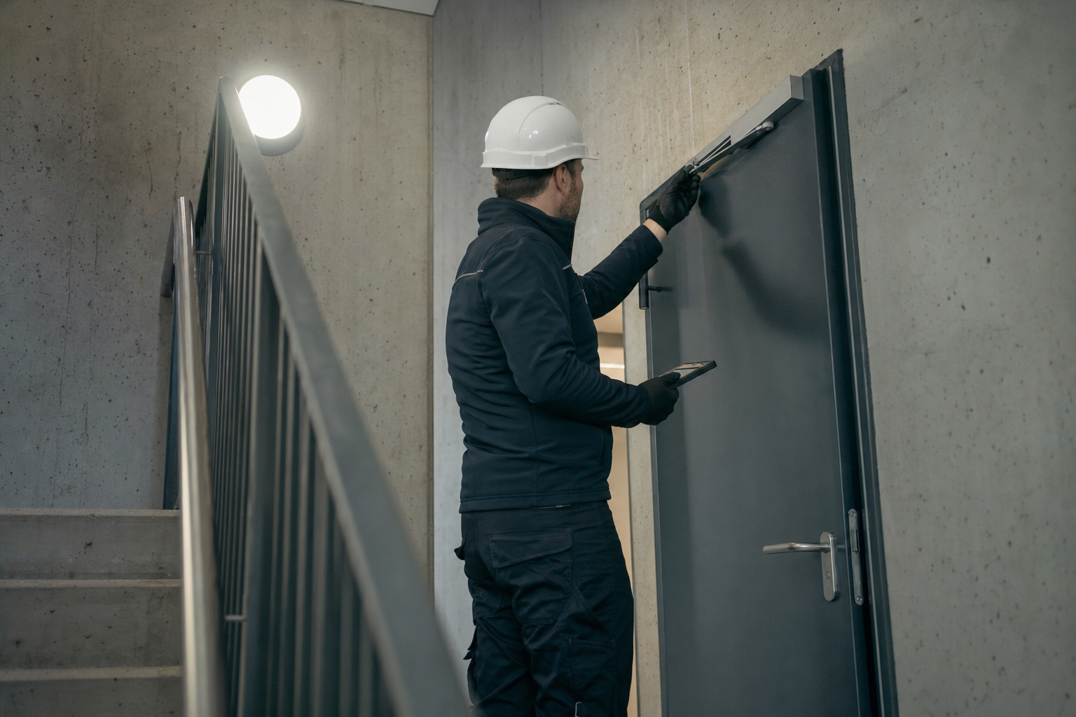 A fire safety technician testing a fire door closer in a stairwell