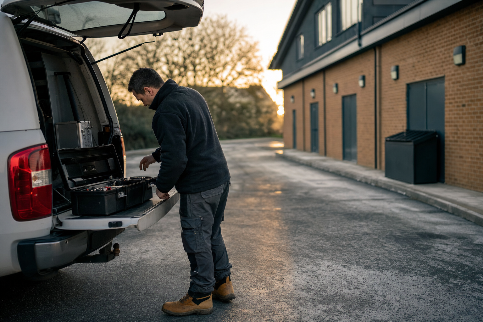 A regional facilities supervisor at a van in a service yard at first light