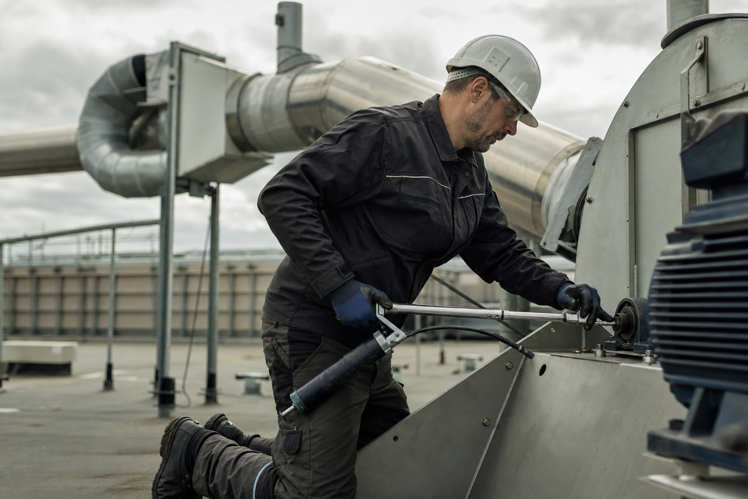 A technician servicing a large rooftop fan