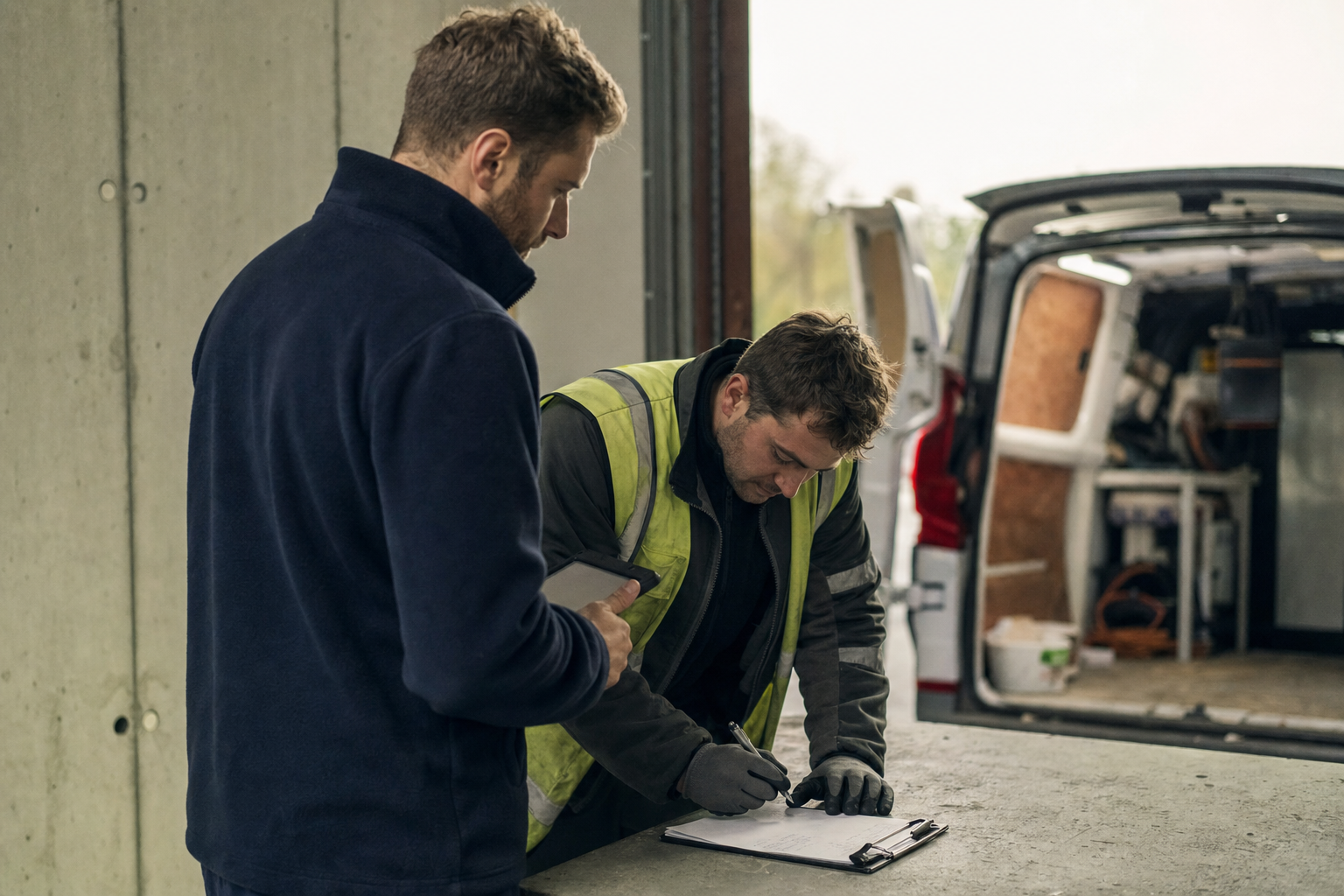 A contractor signing in at a loading dock while a facilities supervisor checks the job