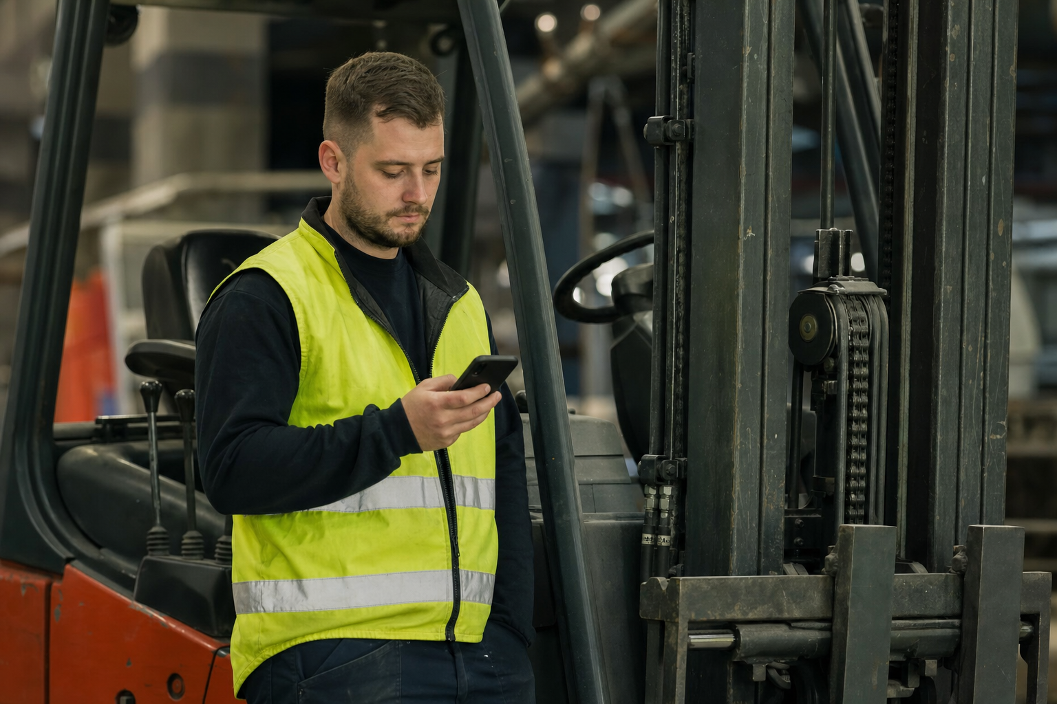 A warehouse operator in a high visibility vest standing beside a forklift holding a phone at chest height, thumb on the screen, the mast and forks filling the right of the frame, phone screen turned away from the camera