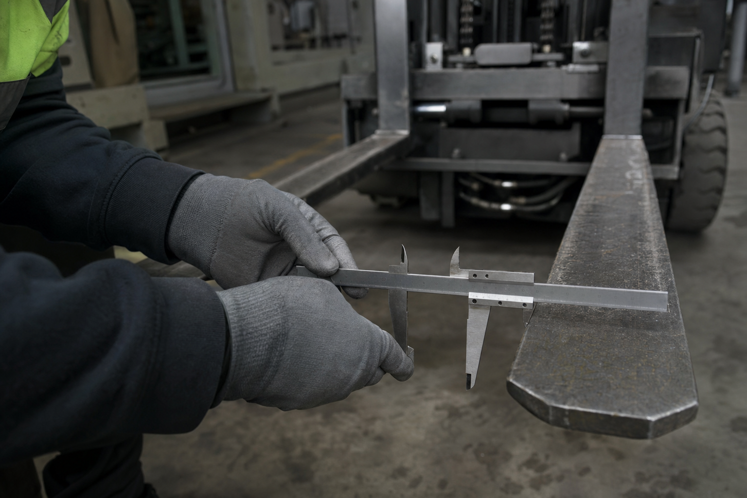 Close view of a gloved hand measuring the heel of a forklift fork with a caliper gauge, the second fork and the mast carriage behind, warehouse floor below