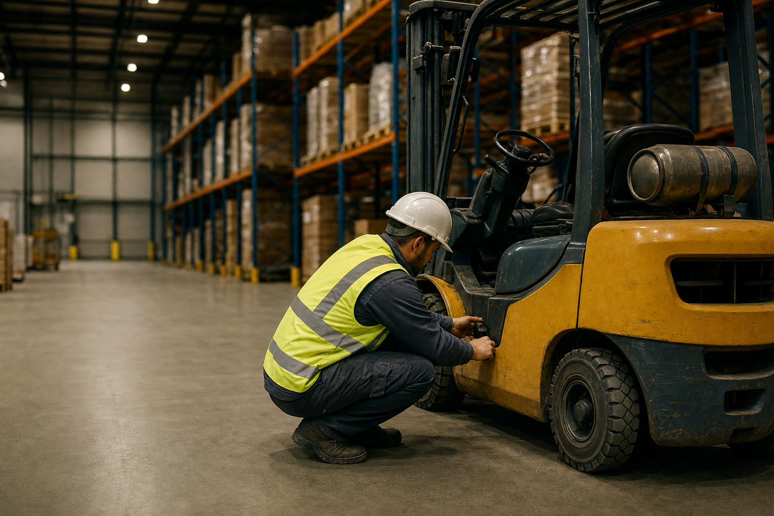 A warehouse operator in a high visibility vest and hard hat crouching at the front of a counterbalance forklift during a walk round check, pallet racking receding behind