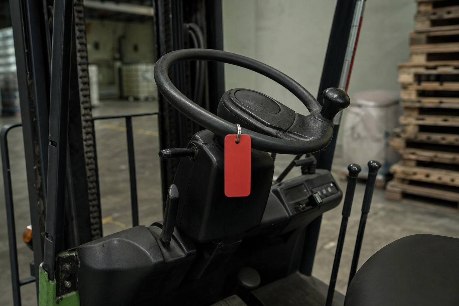 A blank red plastic tag hanging from the steering wheel of a parked forklift in a quiet corner of a warehouse, ignition empty, forks lowered flat to the floor