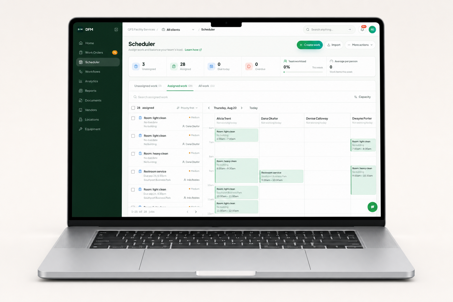 The DFM scheduler showing a week of work planned across a team