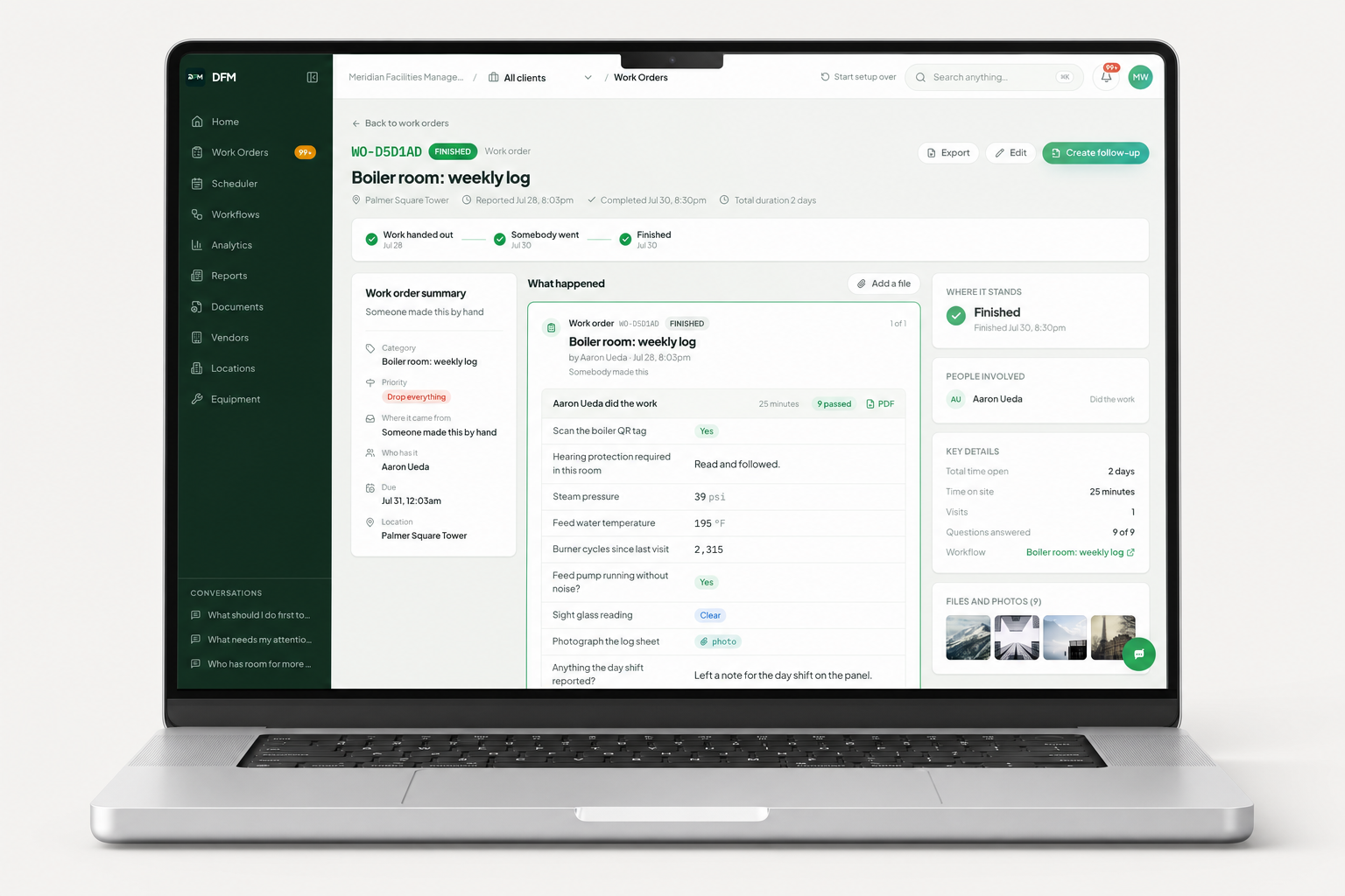 A work order in the DFM console beside the same job open on a phone