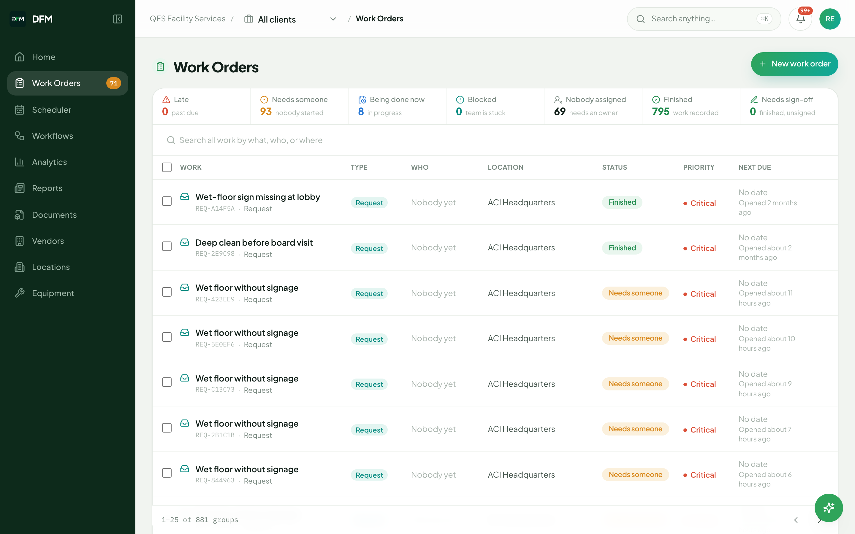 The work orders list in DFM with status counts across the top