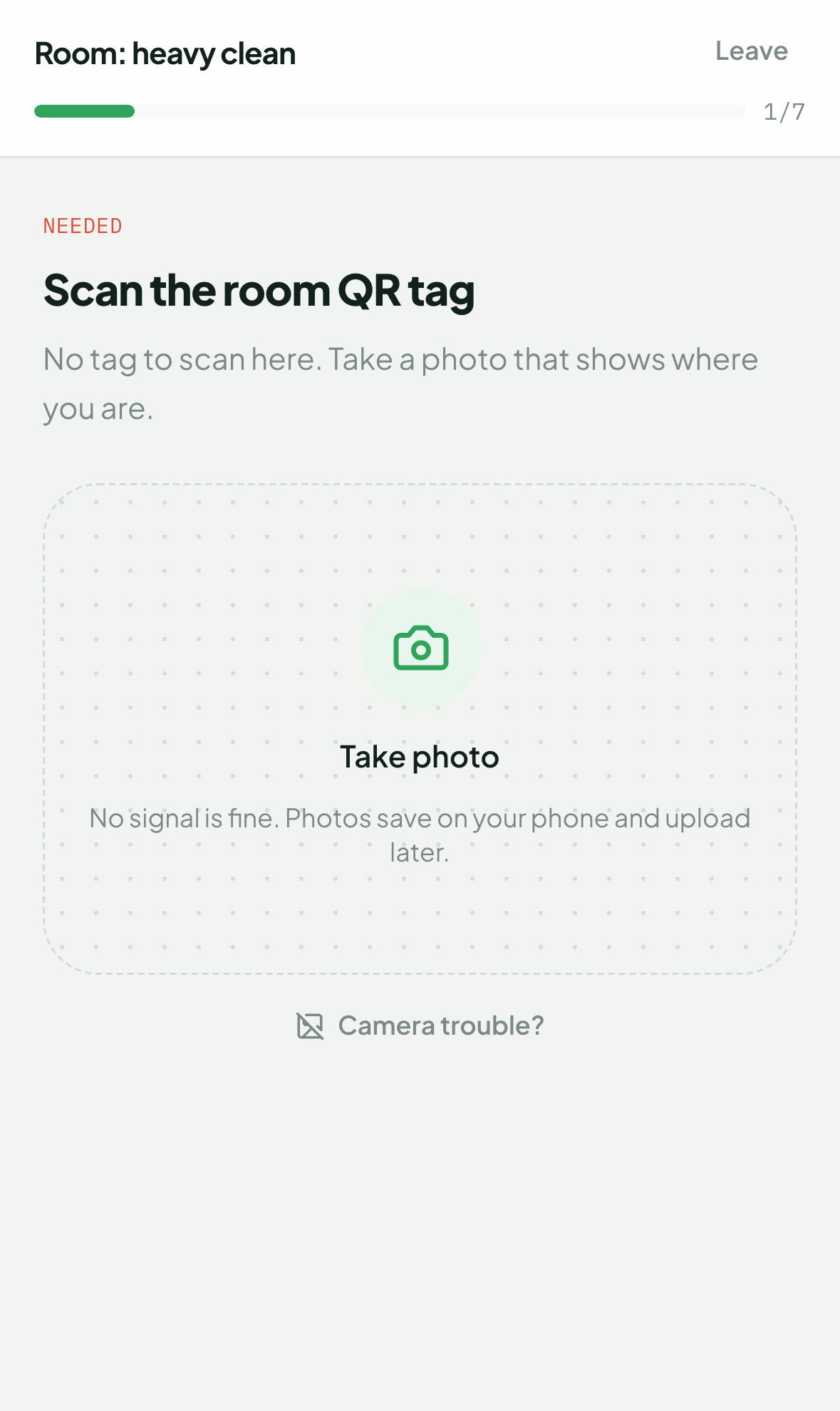 The DFM field app on a phone showing step 1 of 7 of a checklist